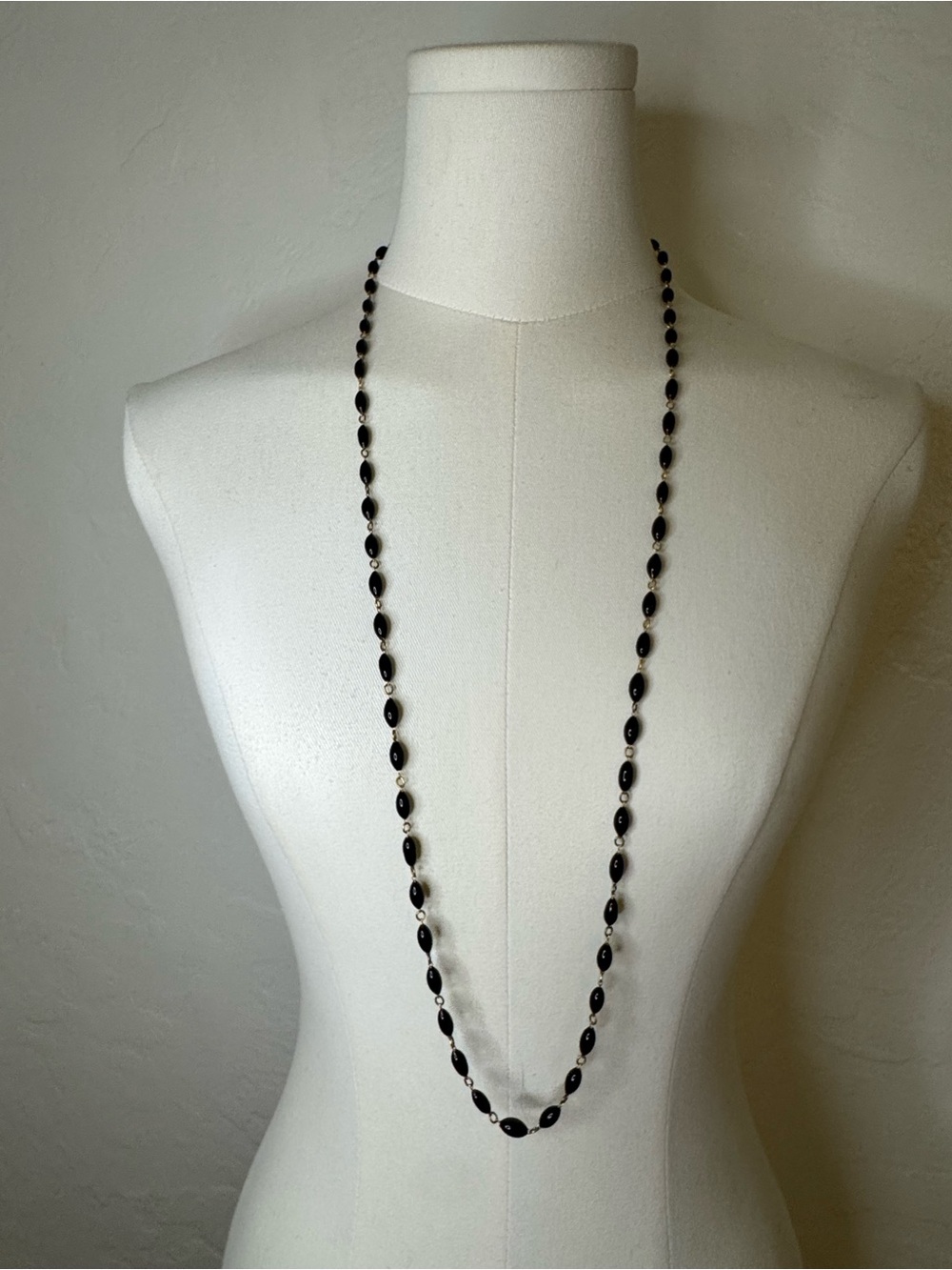 Vintage Monet Black Oval Bead Long Necklace Gold Tone 36”
